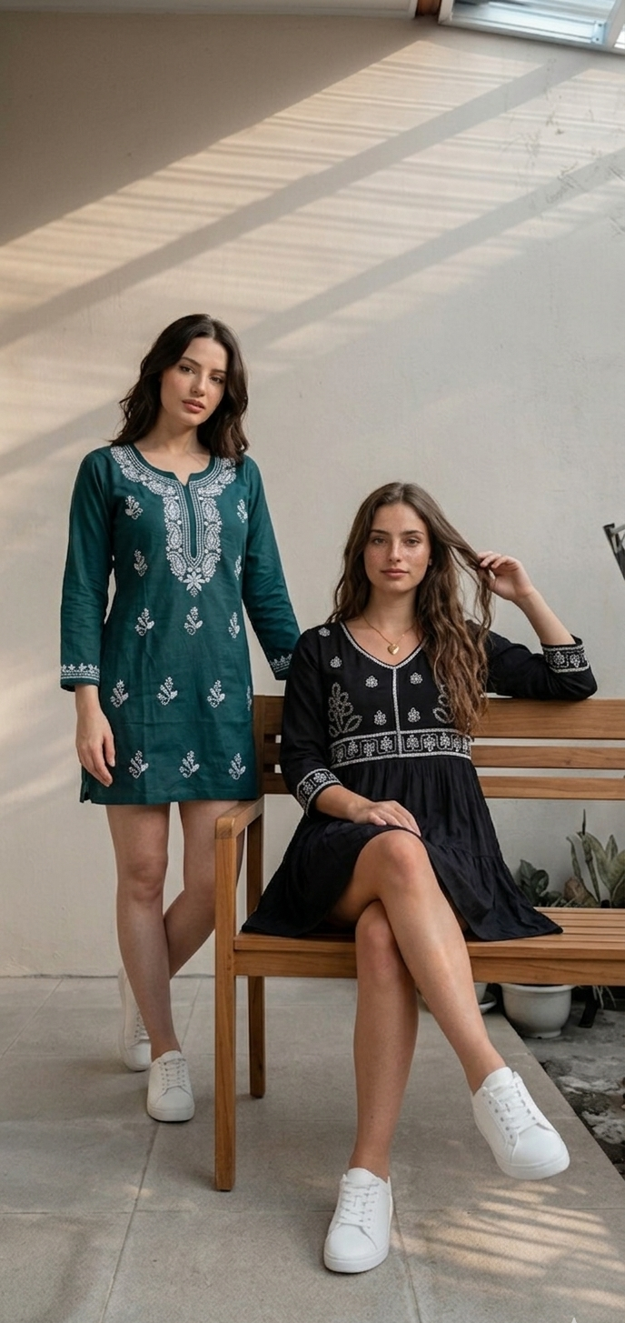Midnight Contrast Floral Skirt And Teal Meadow Kurti